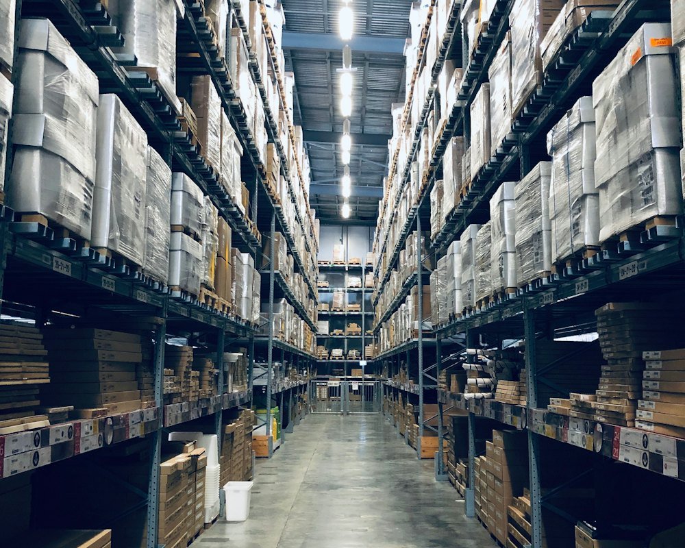 Warehouse shelves stocked for bulk and wholesale supply